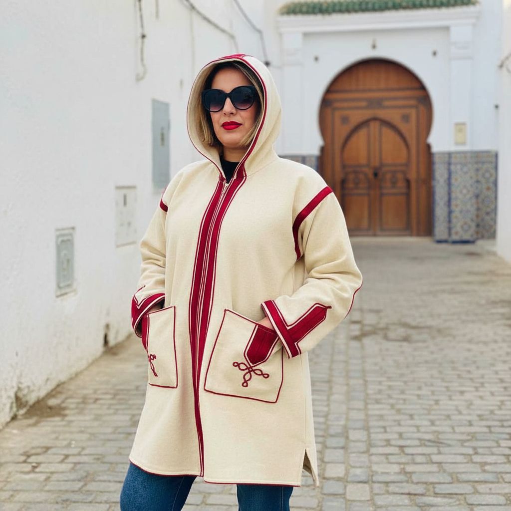 manteau laine beige élégant avec détails bordeaux taille M L