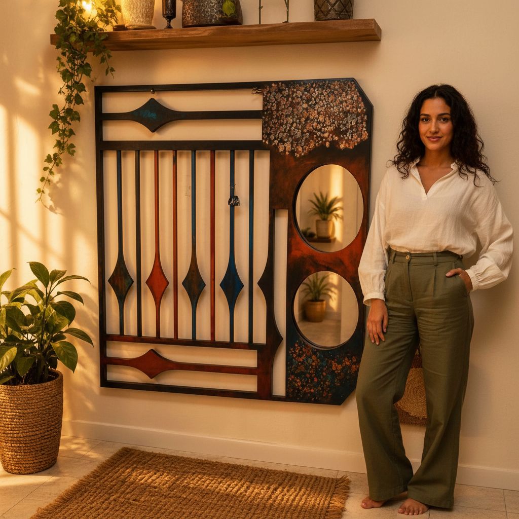 Miroir mural unique peint à la main avec porte manteaux élégant,120 cm/120cm