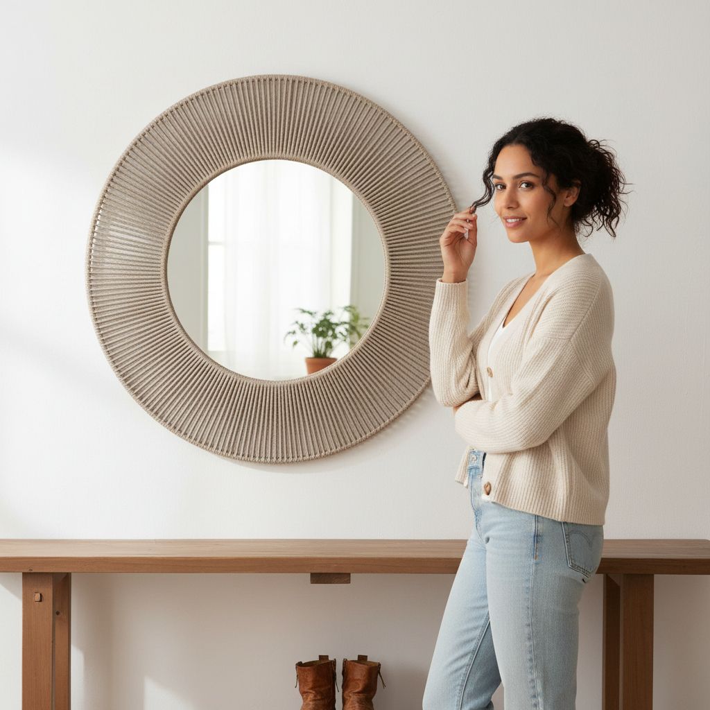 Miroir rond décoratif avec encadrement en corde – Disponible en gris, beige et bordeaux