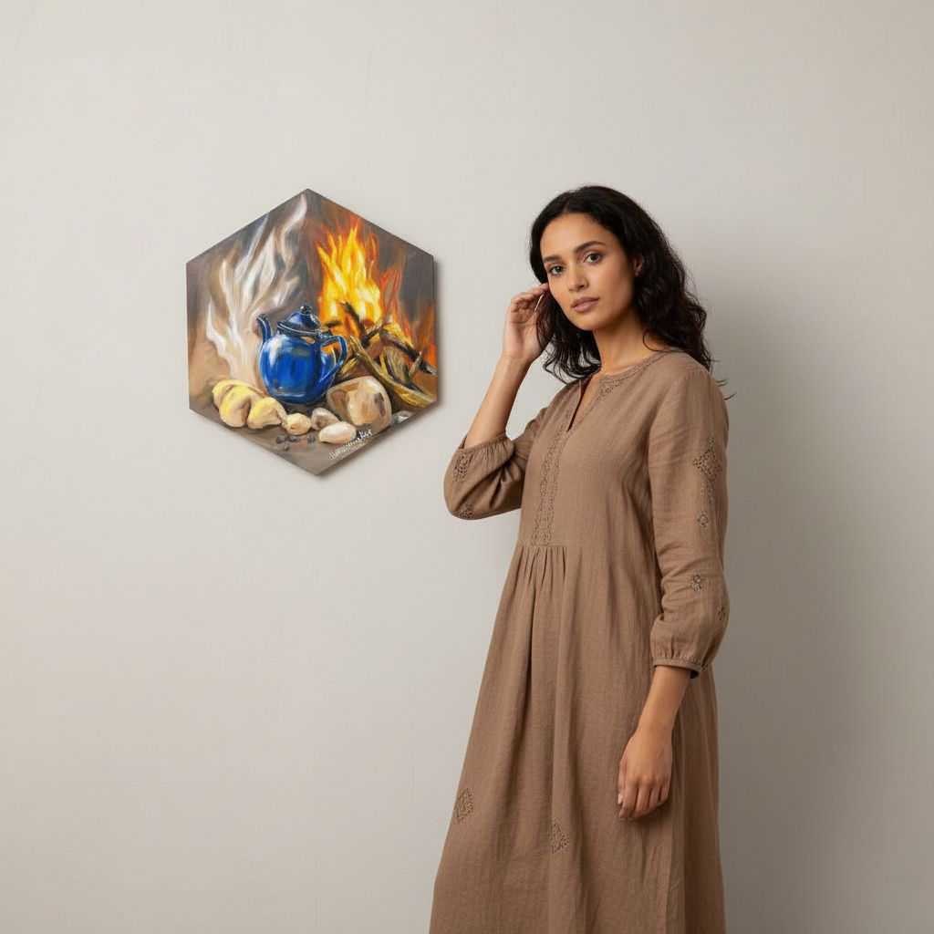 tableau théière hexagonal artisanal pour une décoration chaleureuse