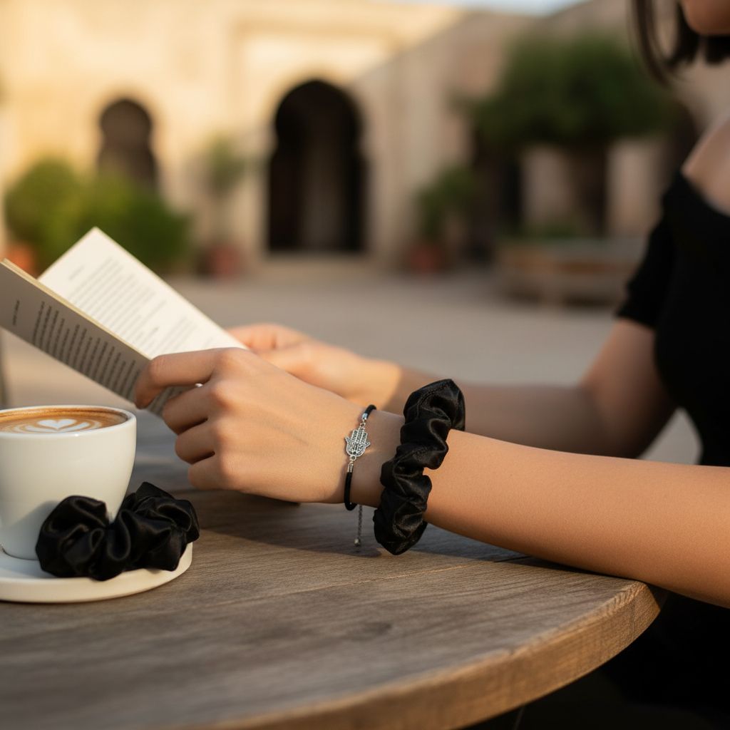 Bracelet ajustable noir khomsa et chouchou cheveux