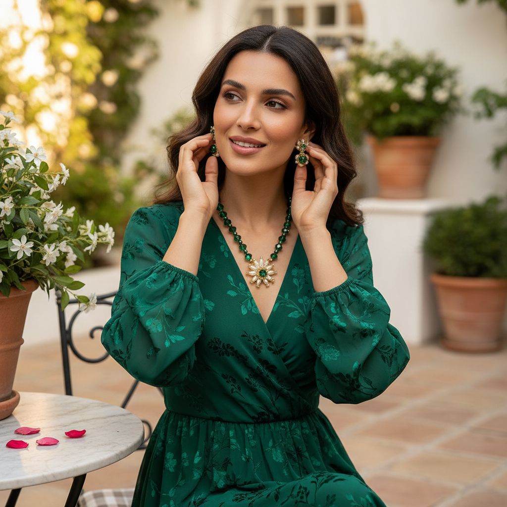 Parure verte collier et boucles d'oreilles cristaux