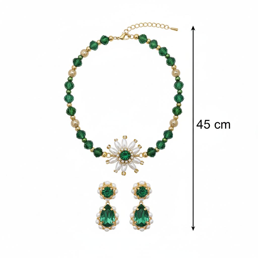 Parure verte collier et boucles d'oreilles cristaux