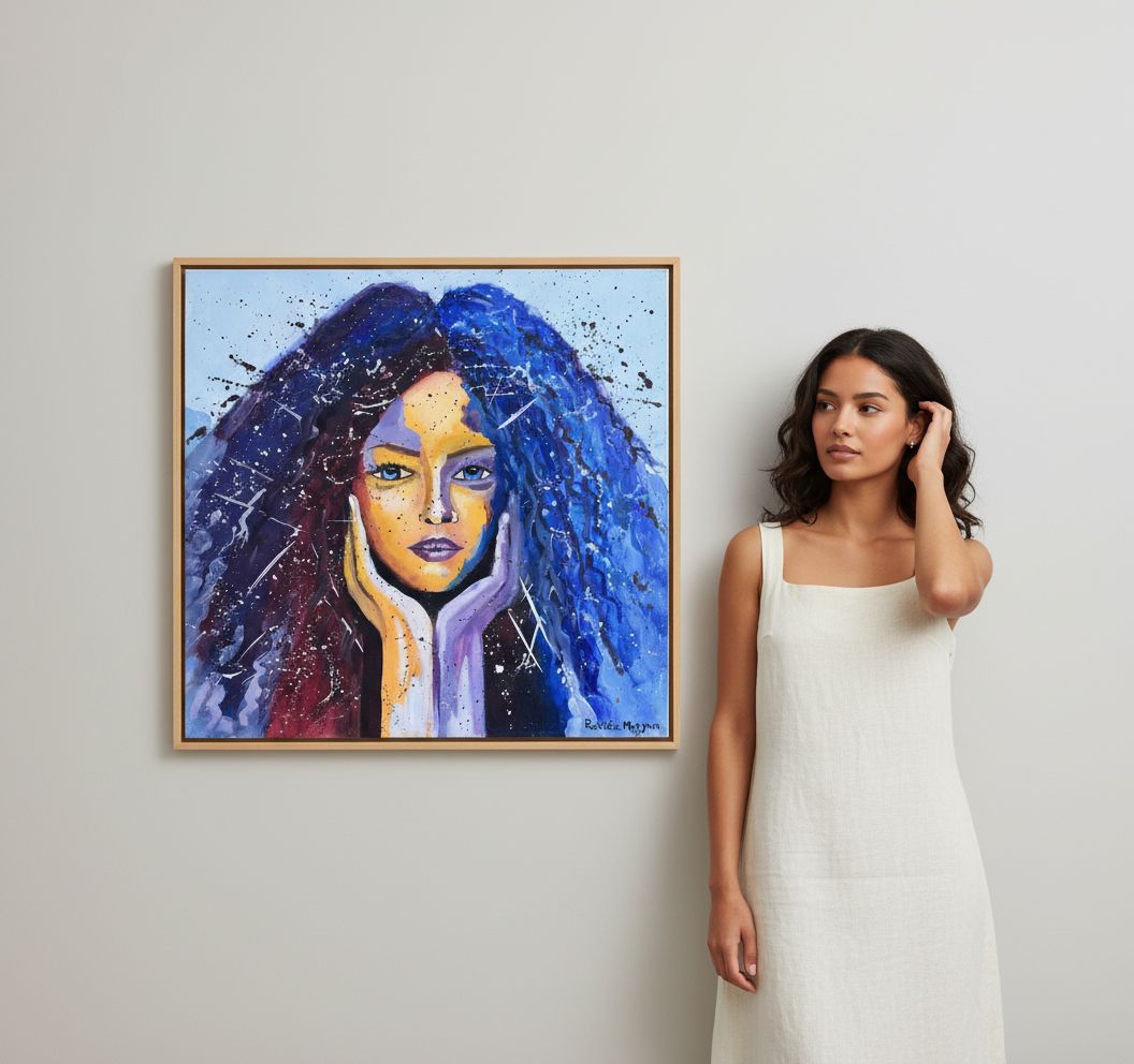 Peinture à l'huile portrait féminin coloré 50x50 cm exclusif