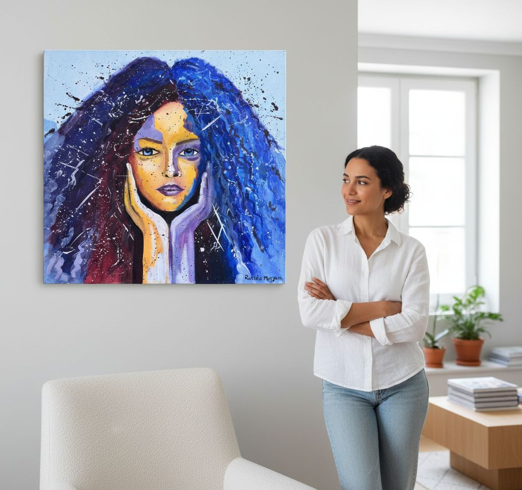 Peinture à l'huile portrait féminin coloré 50x50 cm exclusif