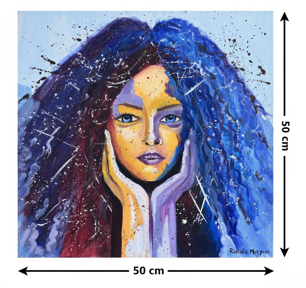 Peinture à l'huile portrait féminin coloré 50x50 cm exclusif