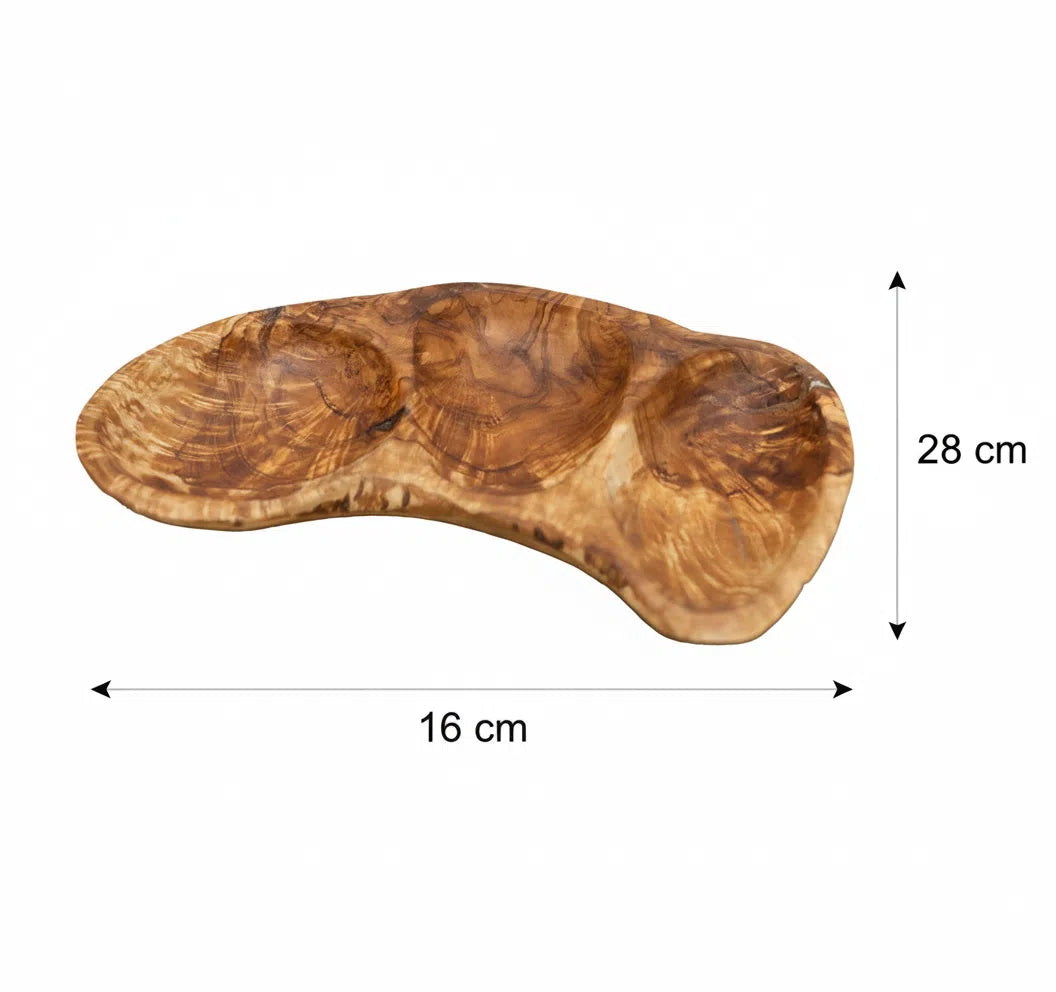 Plat apéritif en bois d'olivier trois compartiments naturel