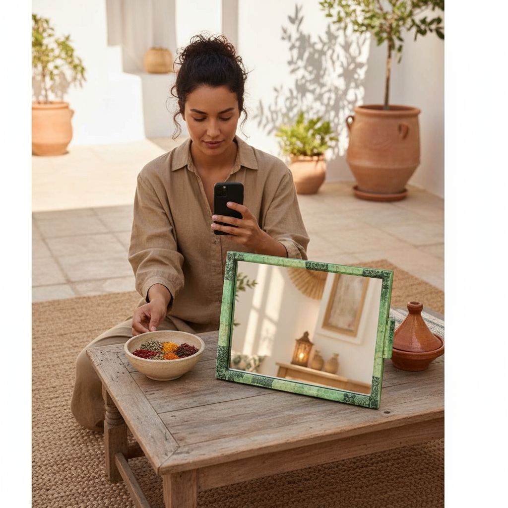Plateau vert artisanal avec miroir design arabesque élégant