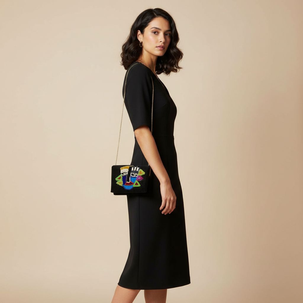 pochette soirée en velours noir avec visage brodé en perles