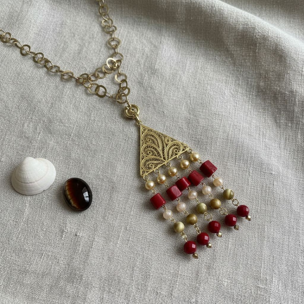 Collier en cuivre chic avec corail oeil de faucon et cristal