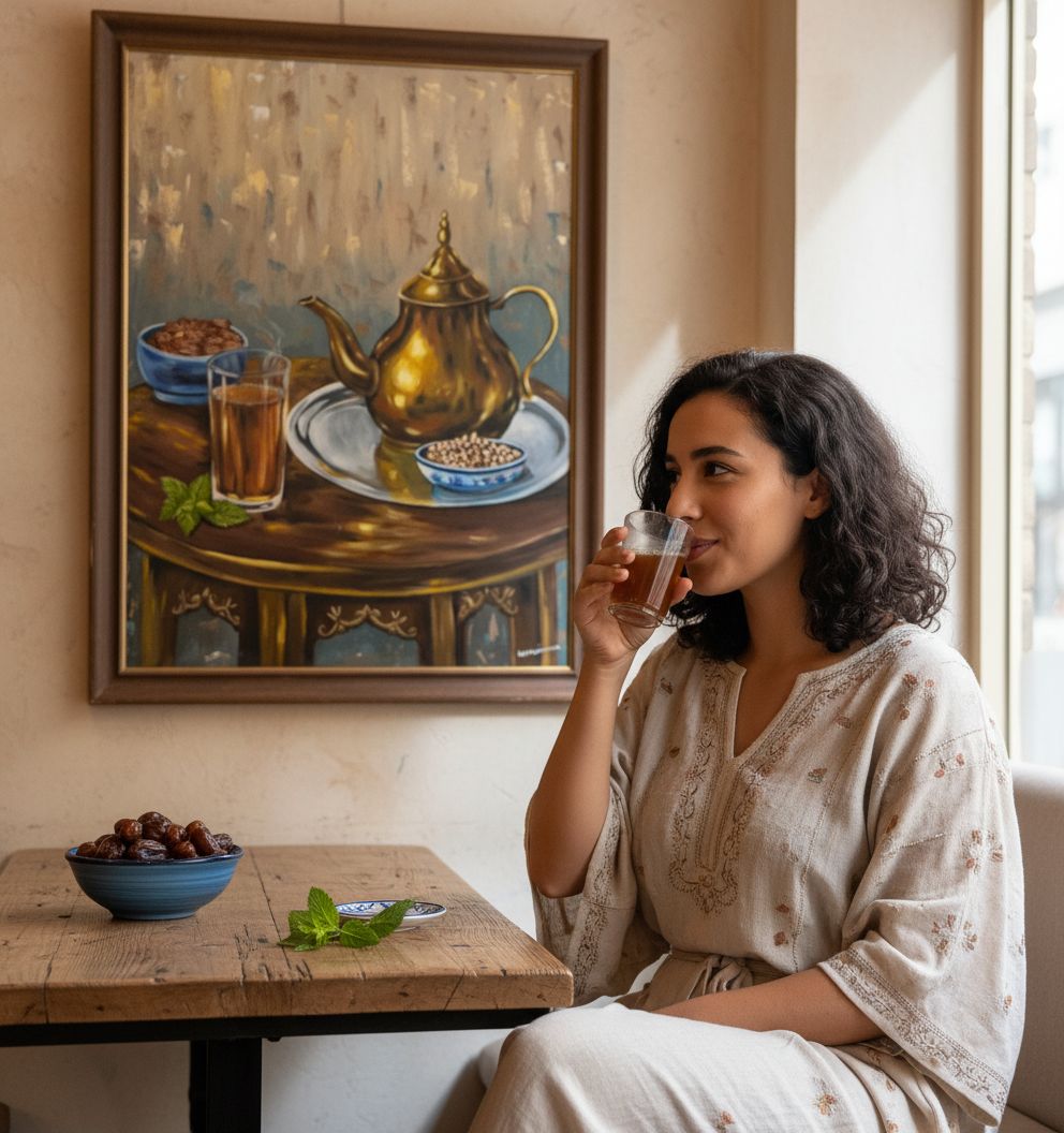 Thé tunisien peinture à l'huile artisanale pour un moment chaleureux