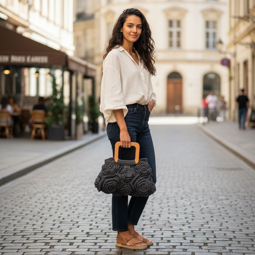 Sac crochet gris foncé fleurs élégantes pour un style unique
