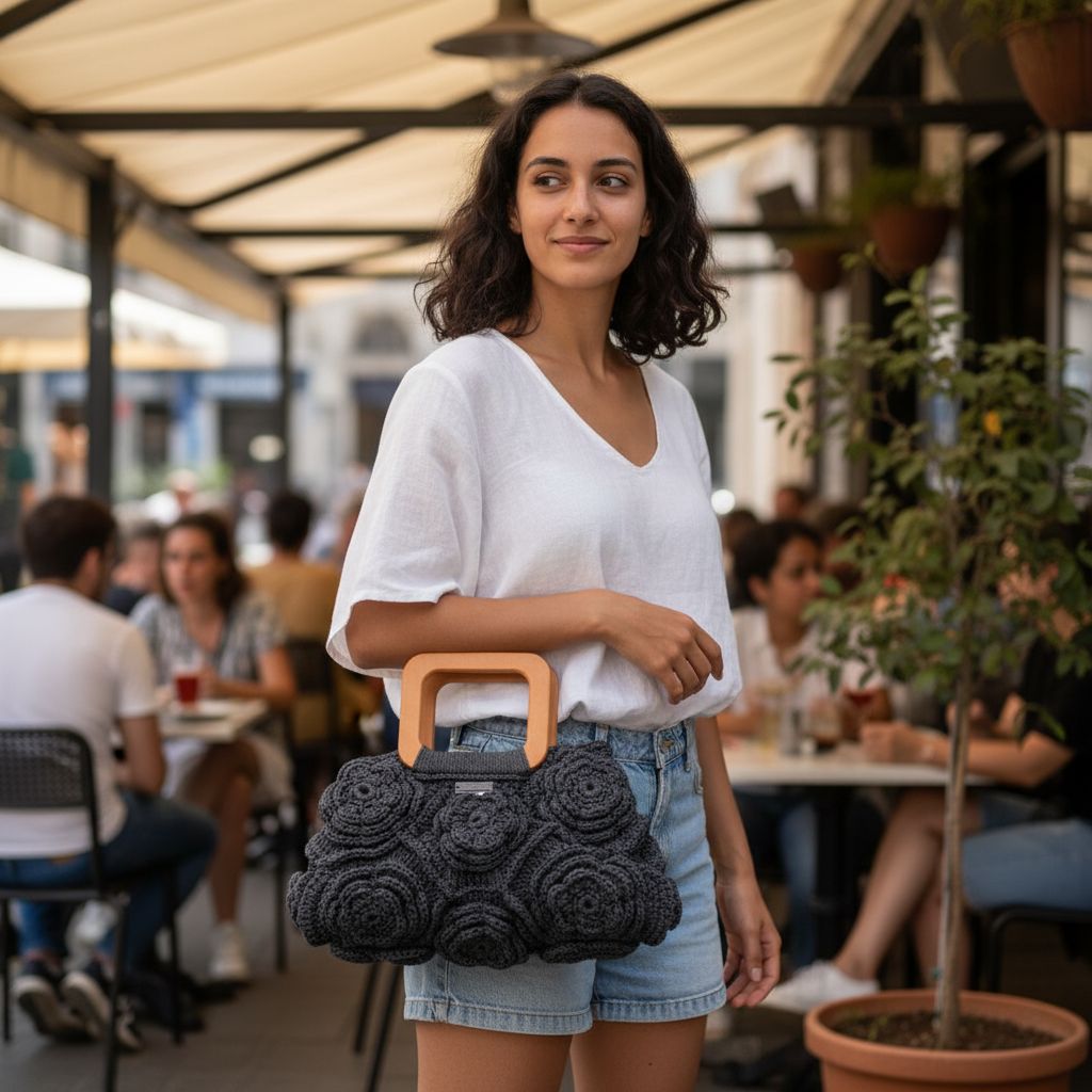 Sac crochet multi fleurs gris foncé l'élégance au quotidien