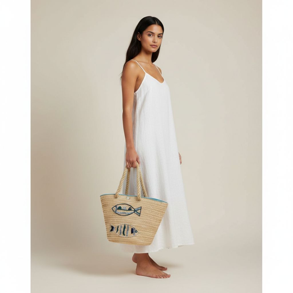 sac de plage en osier fait main motifs poissons bleu turquoise