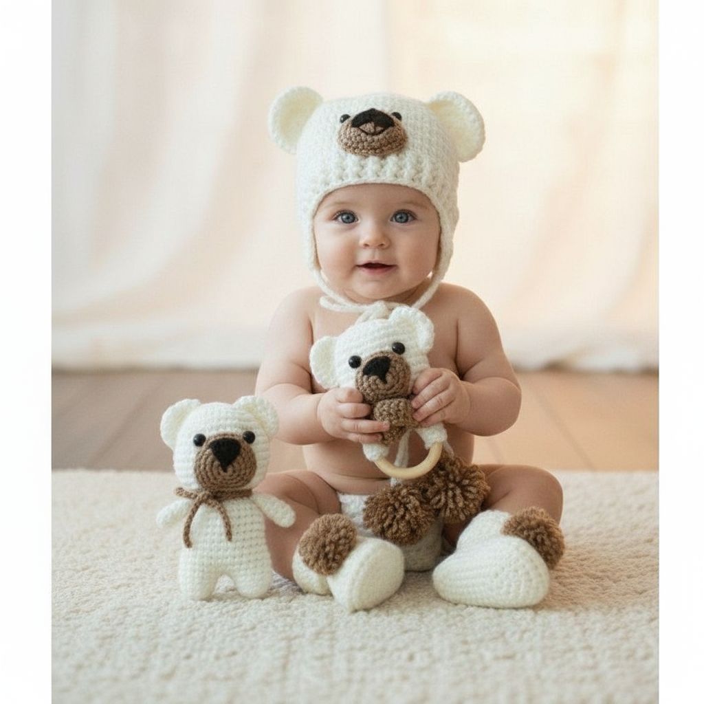 set ourson crochet pour nouveau-né en blanc et marron exclusif