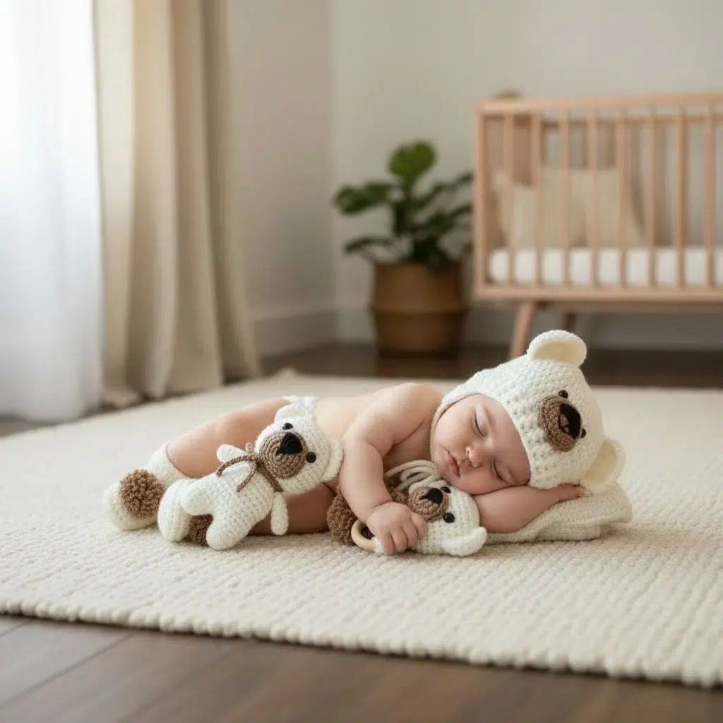 set ourson crochet pour nouveau-né en blanc et marron exclusif