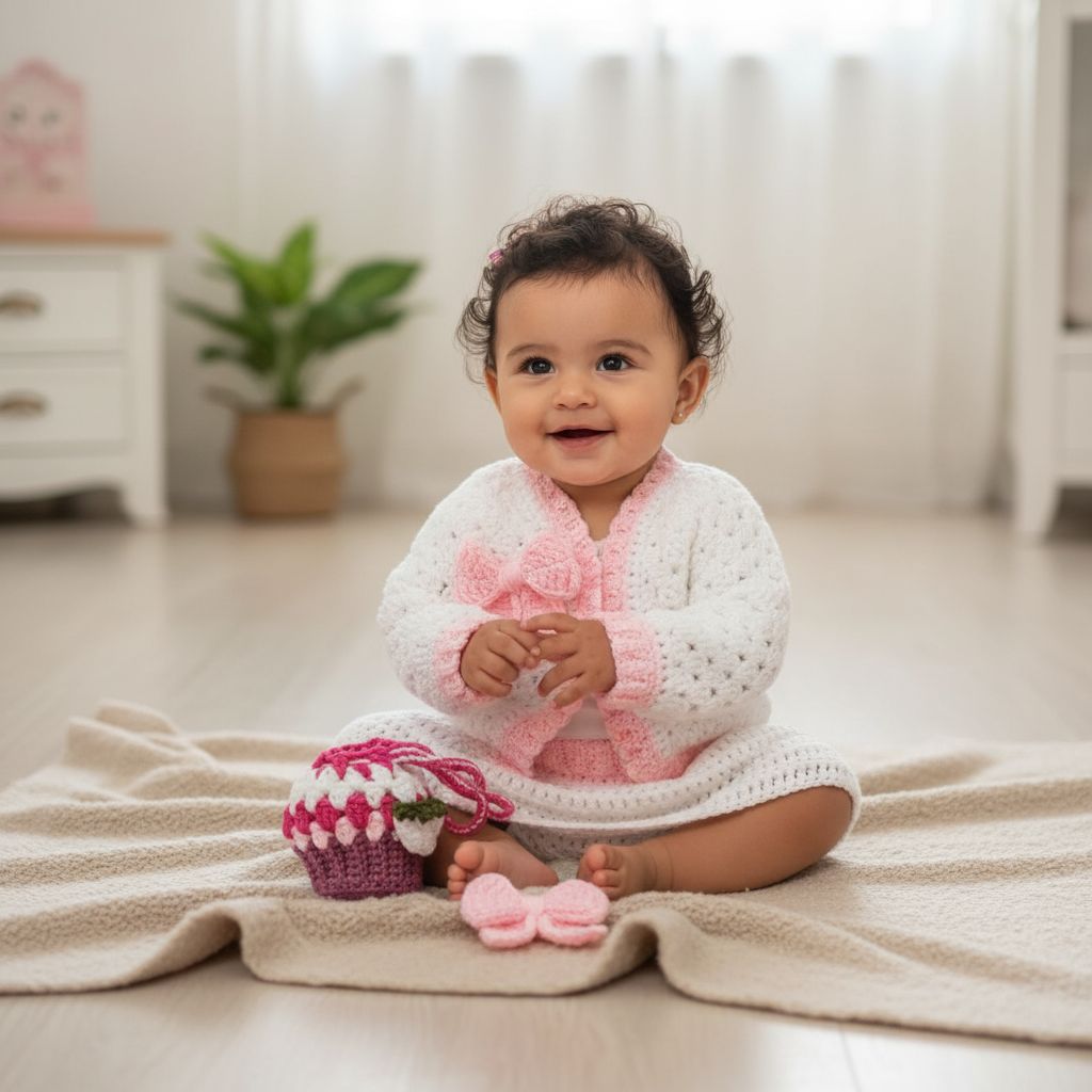 Set en crochet (Cardigan+jupe+cache biberon+bande a cheveux) bébé blanc et rose pour fille 6-12 mois tendance