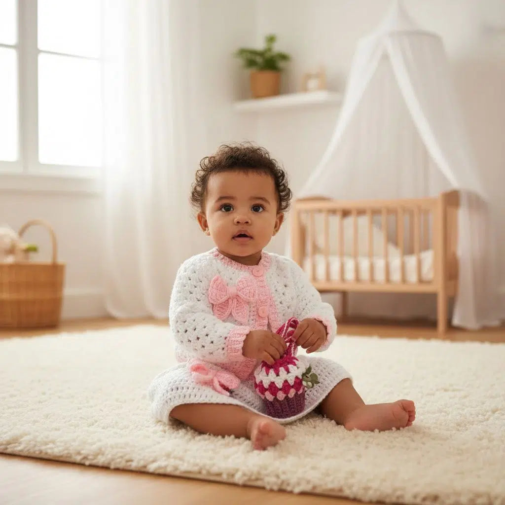 Set en crochet (Cardigan+jupe+cache biberon+bande a cheveux) bébé blanc et rose pour fille 6-12 mois tendance