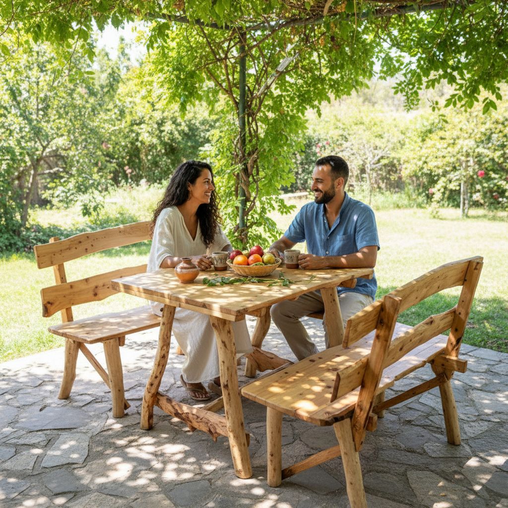 Table en bois de cyprès massif avec deux bancs