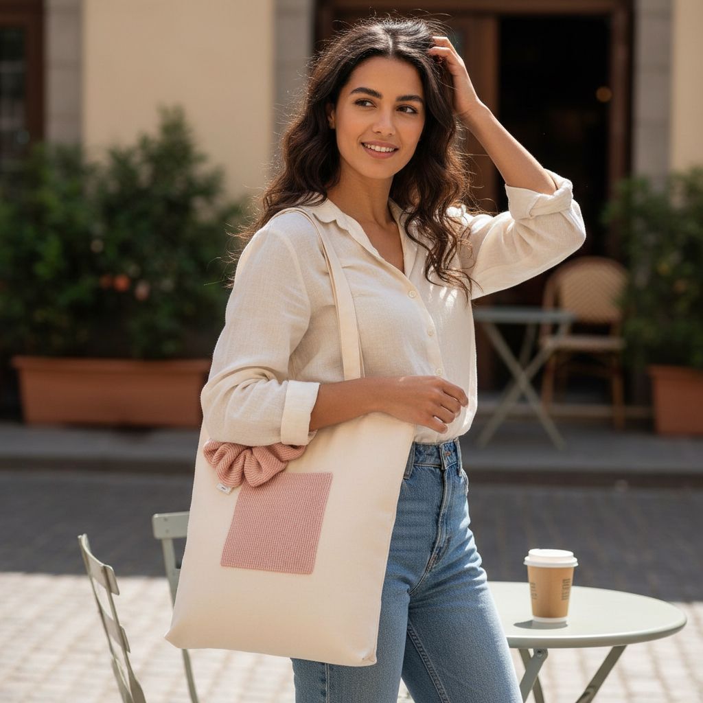 Totebag rose original en tissu 100% naturel accompagné d'un porte-clés scrunchie