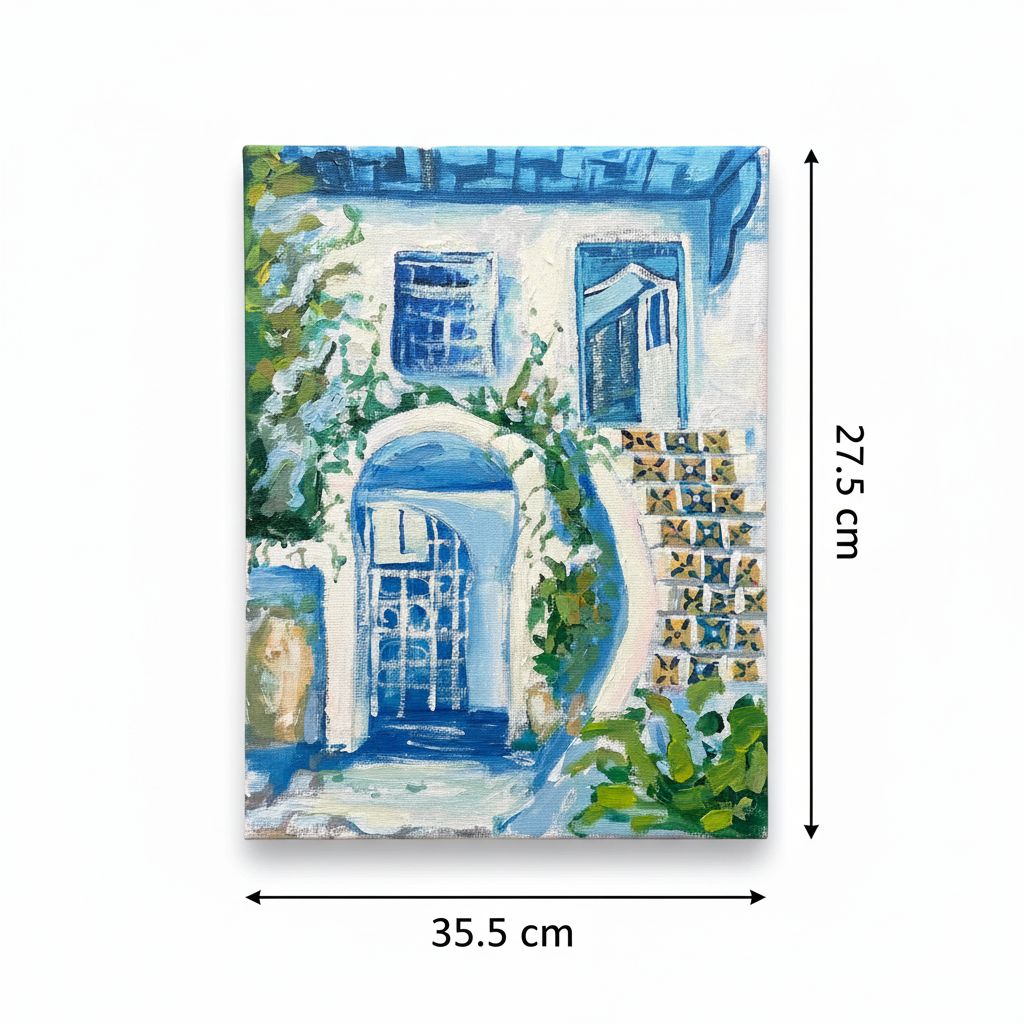 tableau méditerranéen exclusif bleu blanc et jaune 35 5x27 5 cm