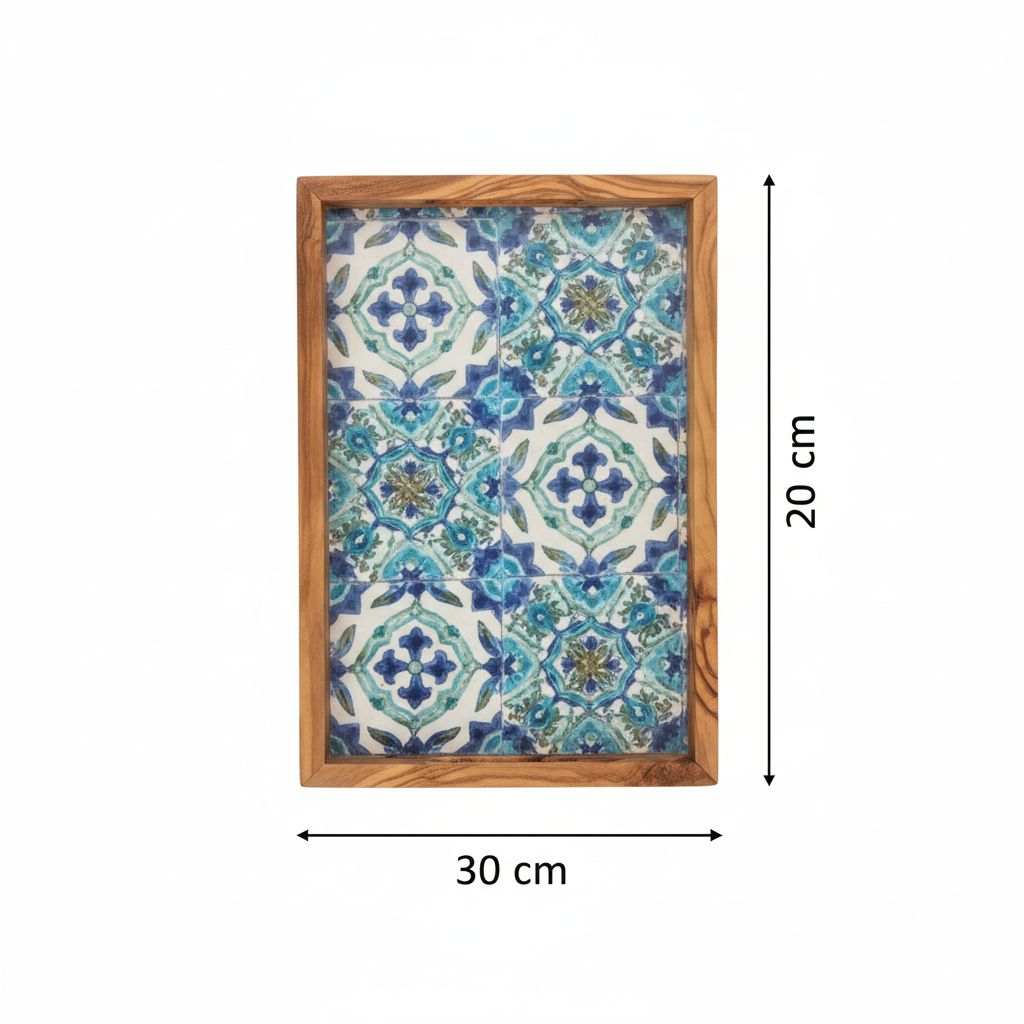 Plateau bois d'olivier et céramique bleu ciel 30x20 cm premium