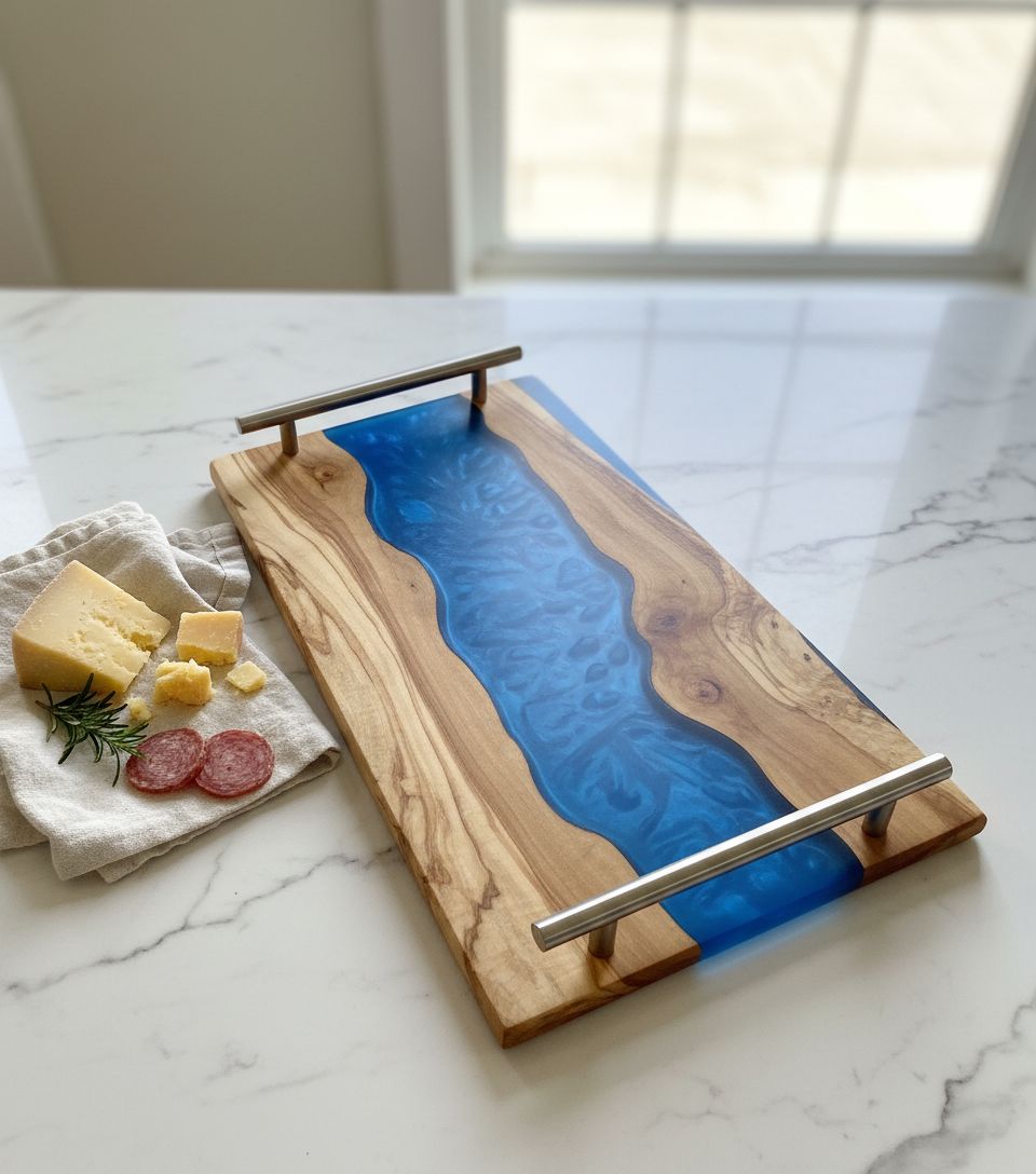 plateau bois d'olivier bleu design exclusif 25x35cm