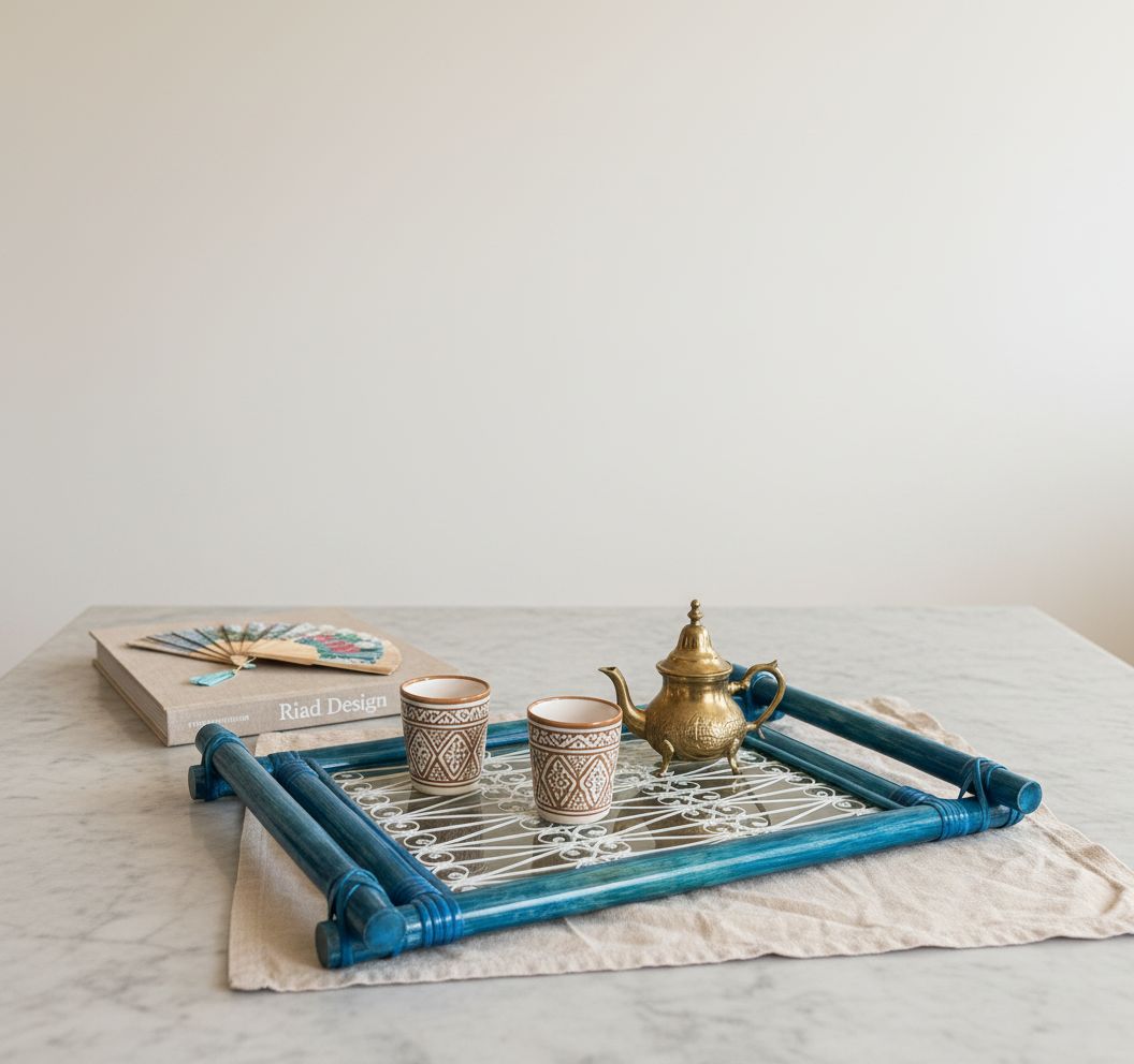 plateau rotin élégant en fer forgé avec verre chic