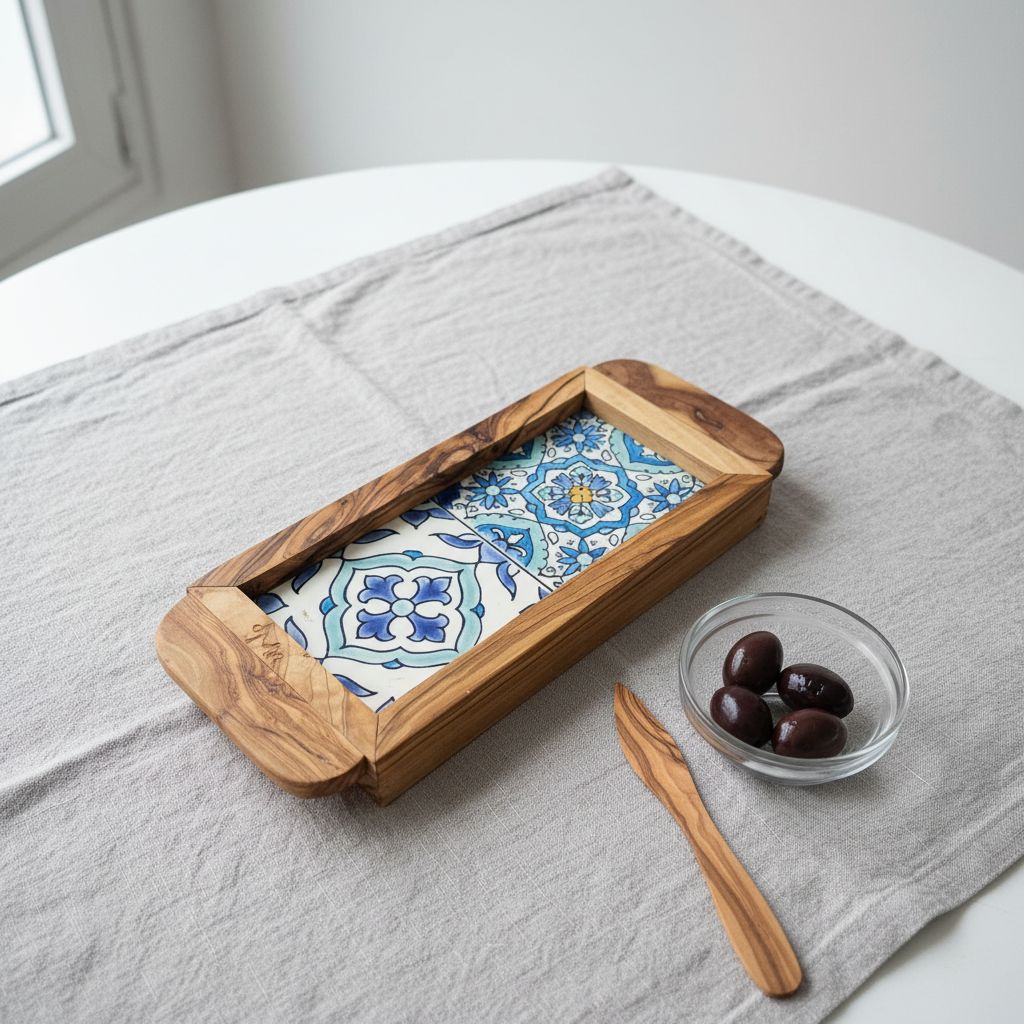 plateau bois bleu ciel en olivier et céramique mini exclusif