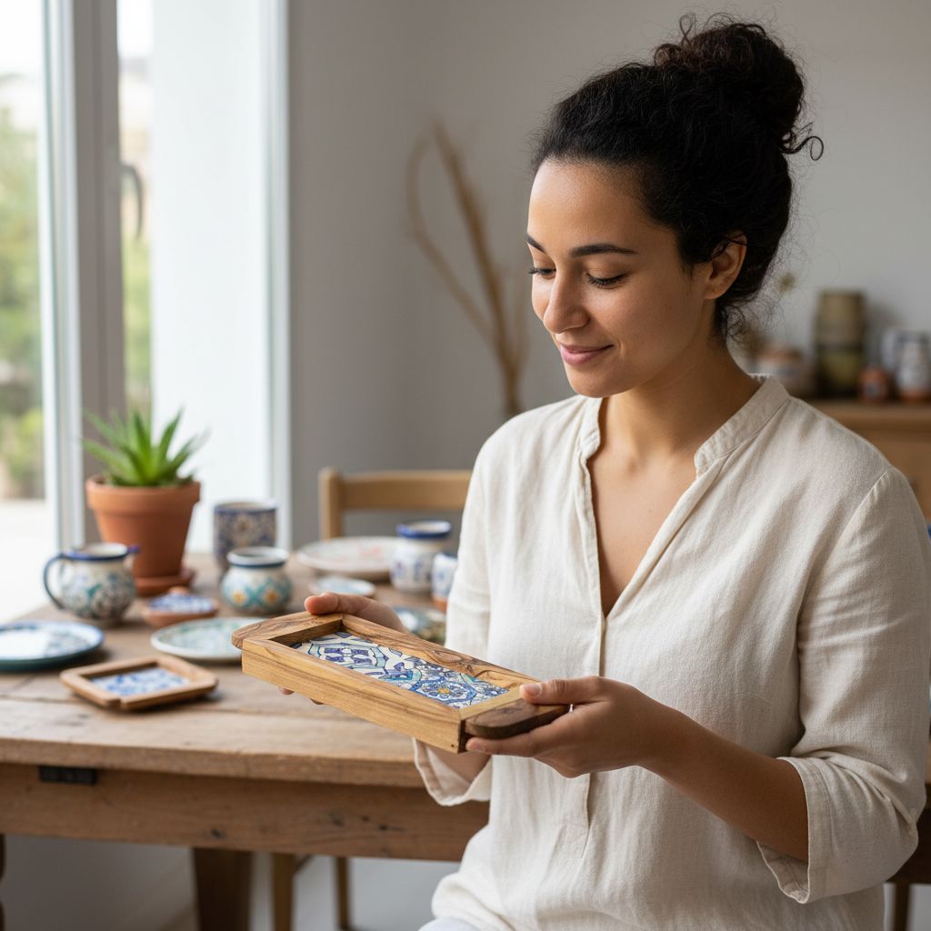 plateau bois bleu ciel en olivier et céramique mini exclusif
