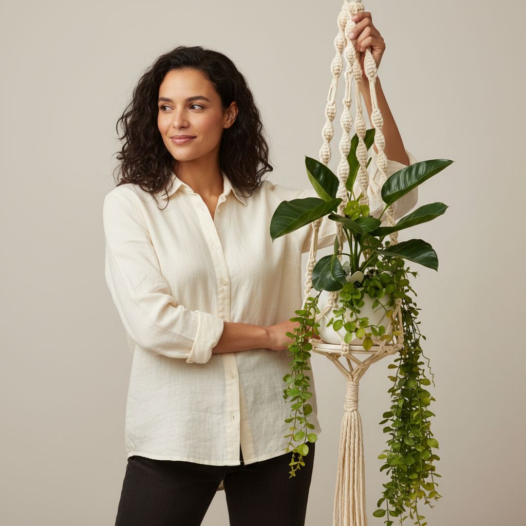 Porte plante macramé beige en coton naturel pour un intérieur chic