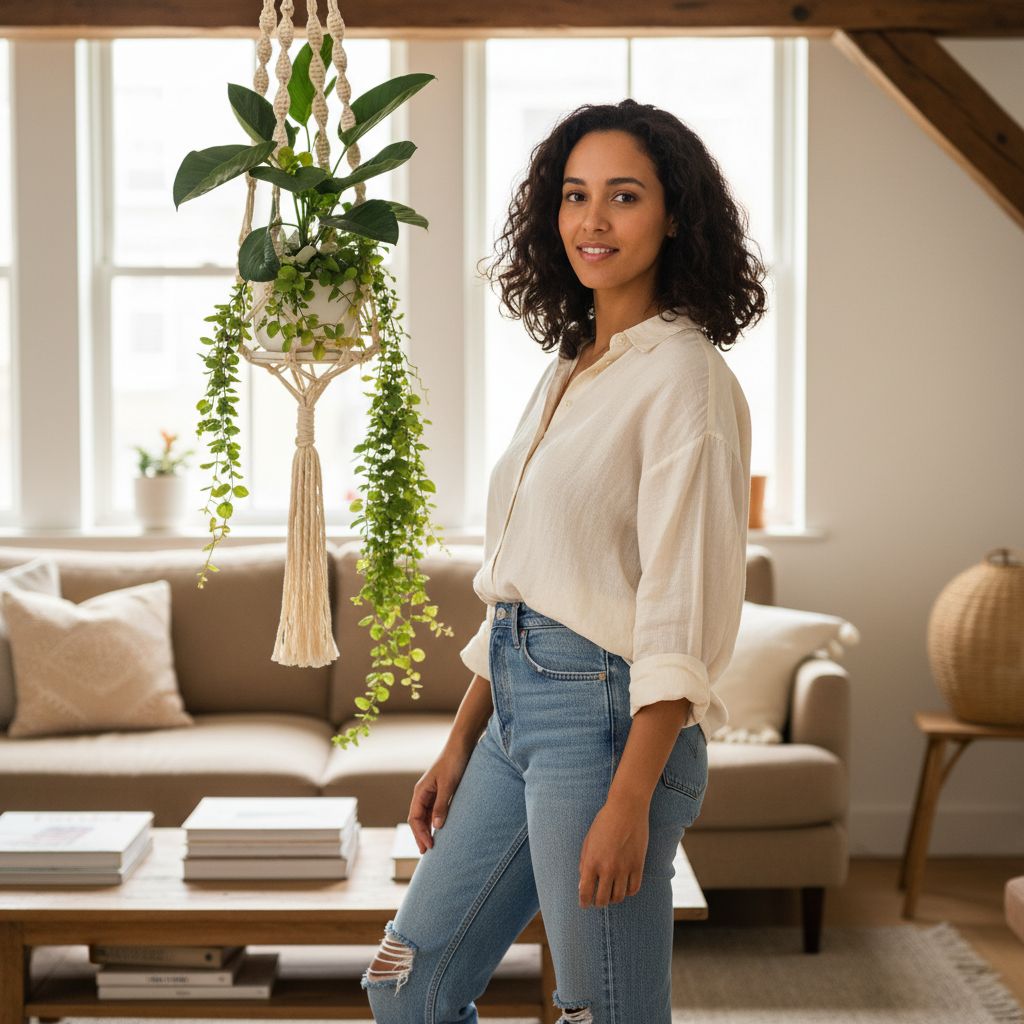Porte plante macramé beige en coton naturel pour un intérieur chic