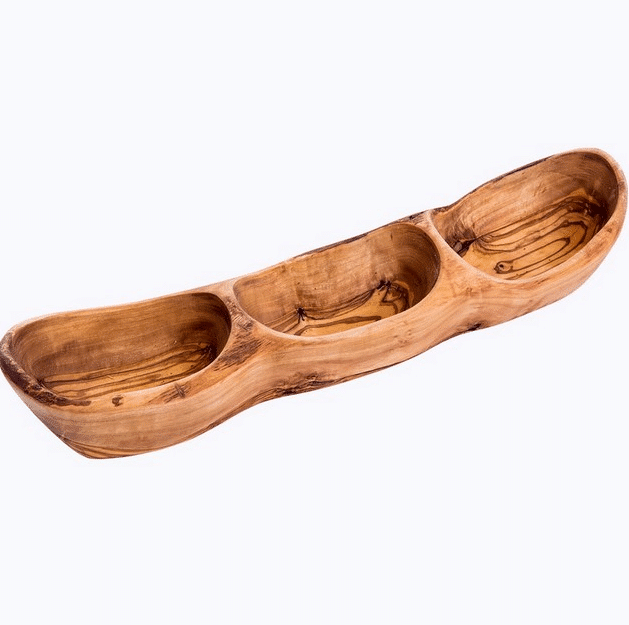 Rustic olive wood appetizer, 3 wells, handcrafted