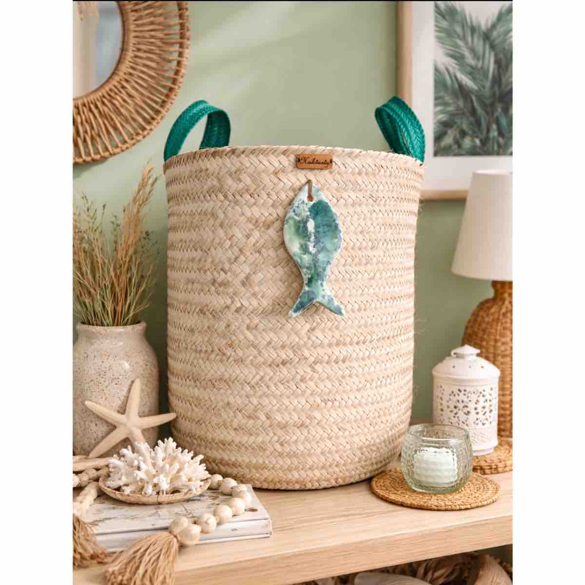 Cache pot/ panier en fibre de palmier - Couleur bleu