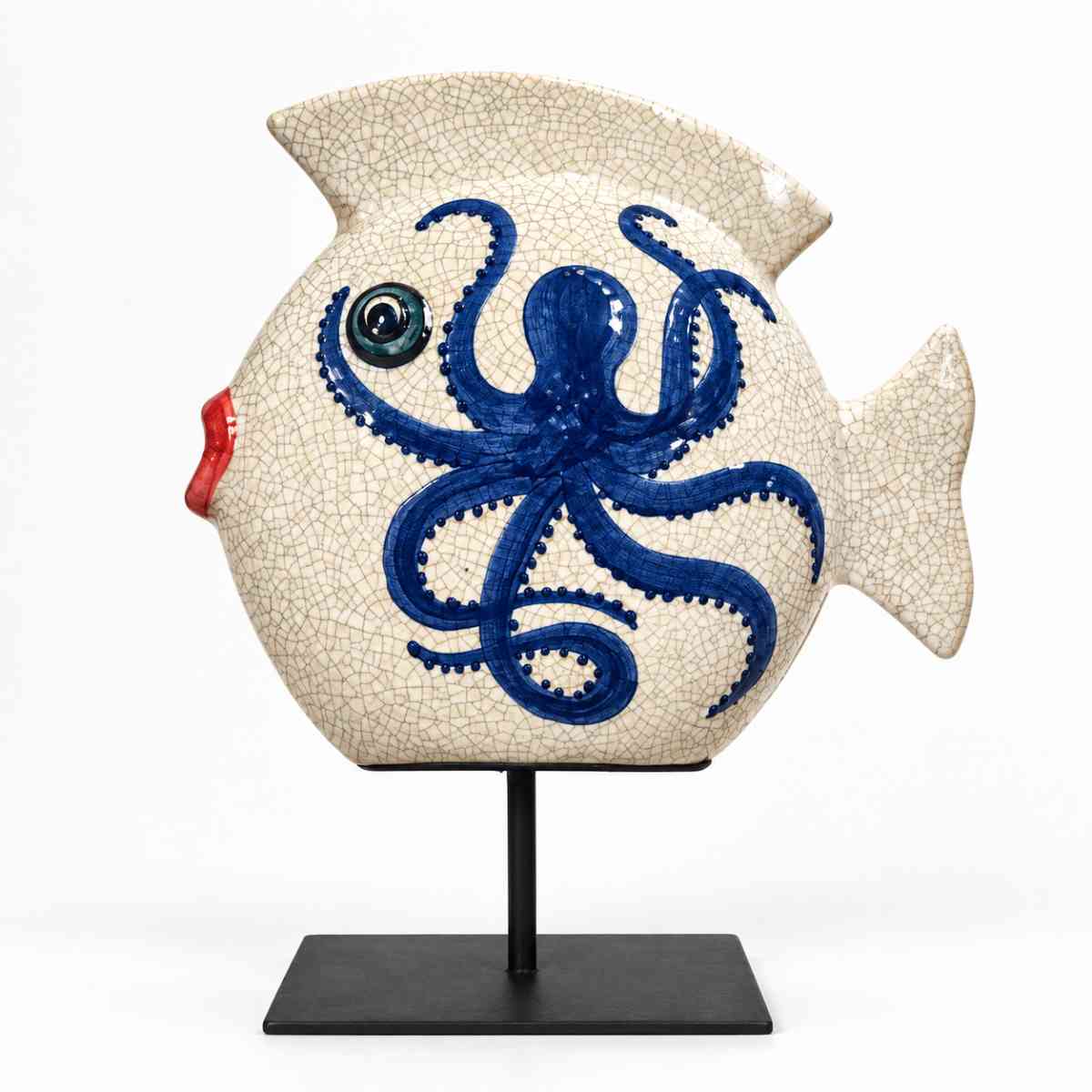 Sculpture poisson en céramique motif poulpe bleu unique 30 cm