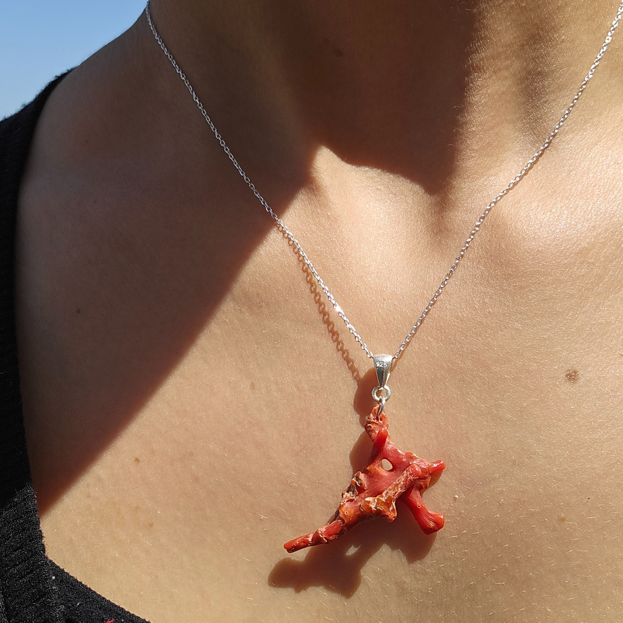 Collier corail rouge naturel argent 925