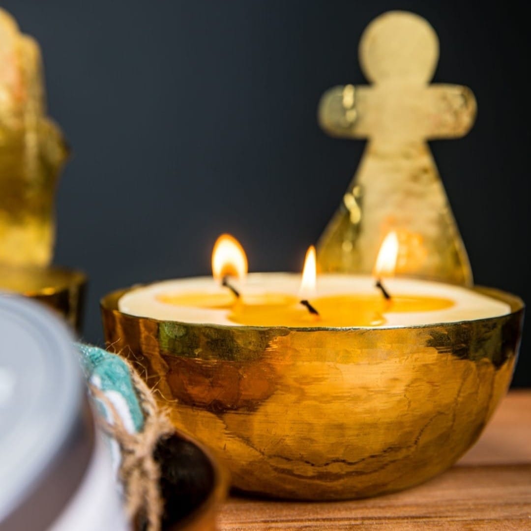 Berber handmade copper candle – 3 fragrances: Black Jasmine, Neroli, Lemon (14 x 13.5 cm) – Patterns: Tanit / Khomsa / 7outa