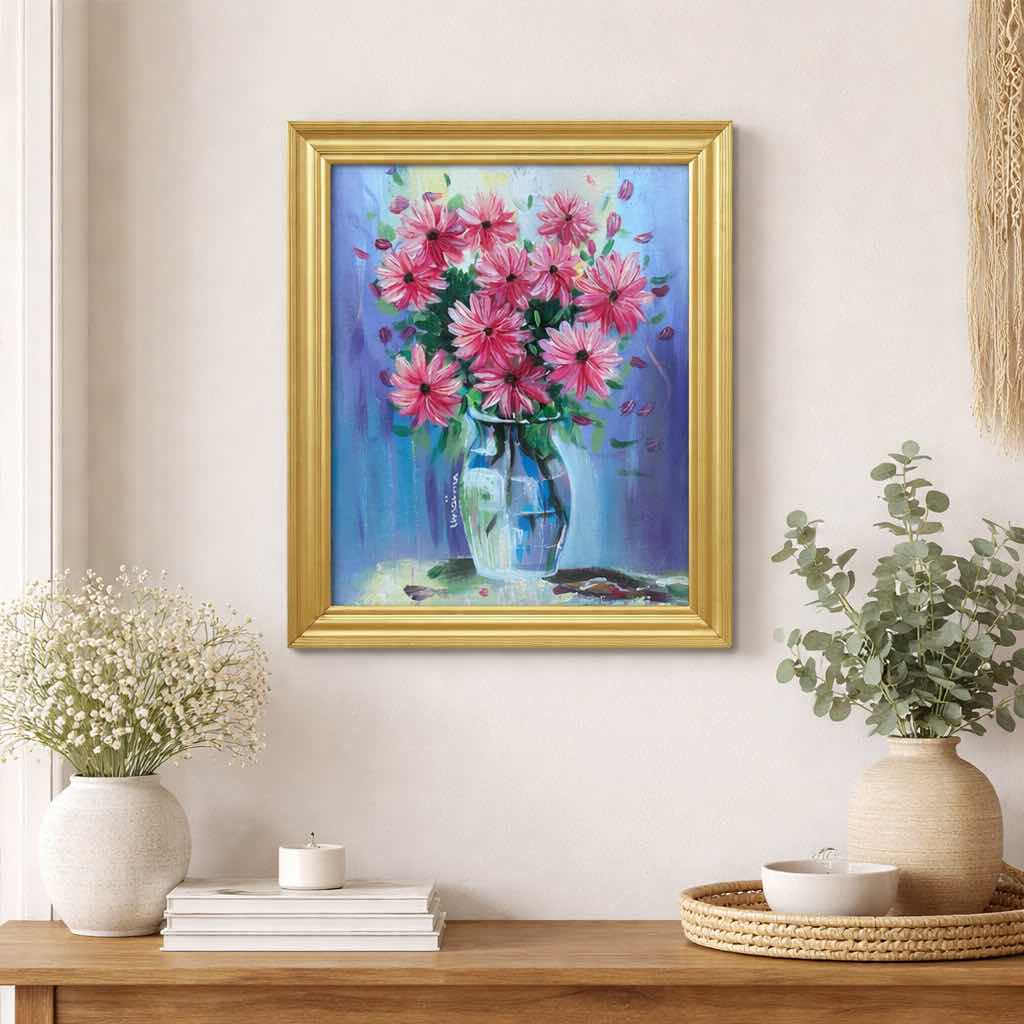 tableau floral unique en acrylique cadre vintage 1980 27x34 cm