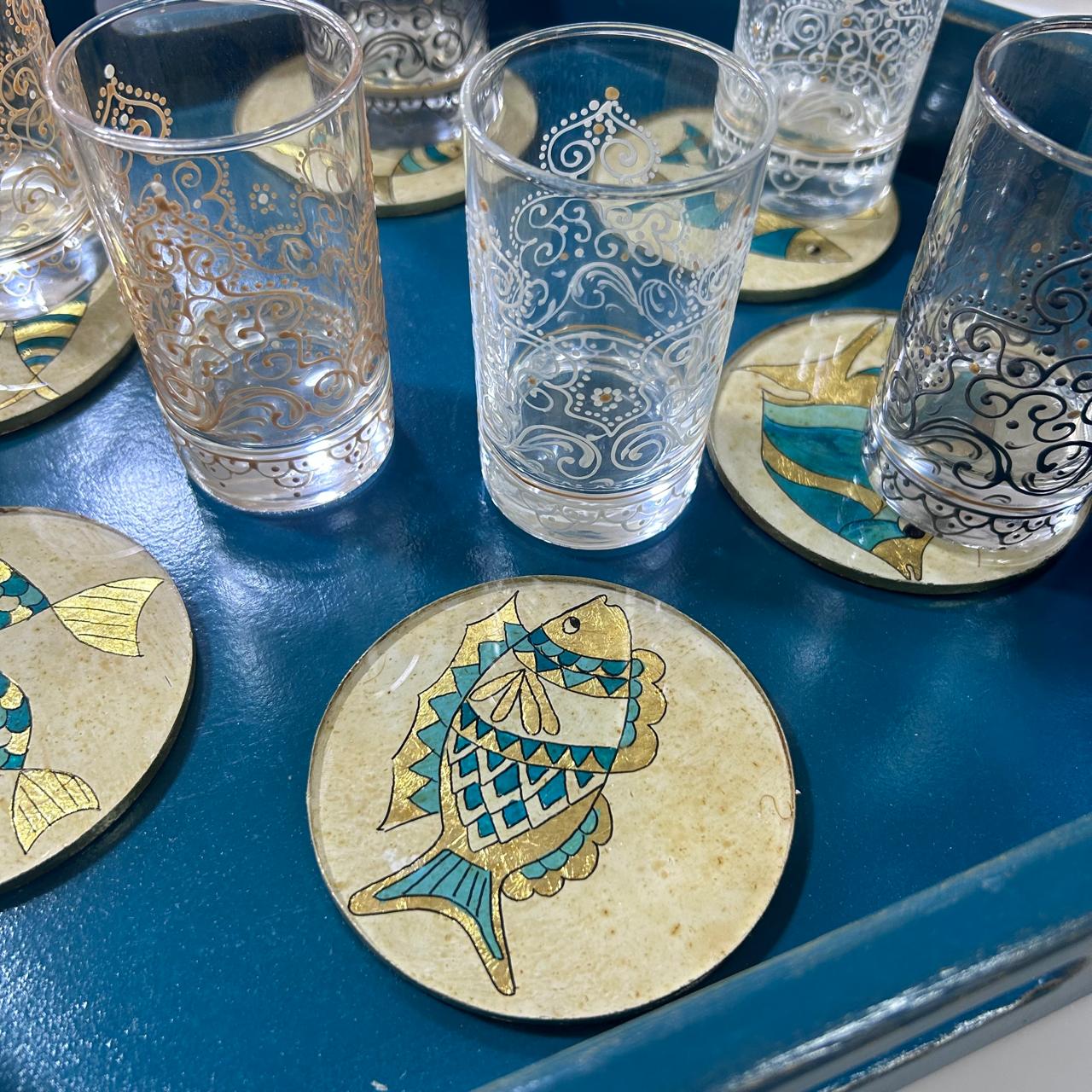 Coffret 6 sous-tasses artisanales à la feuille d’or " POISSON BLEUS "
