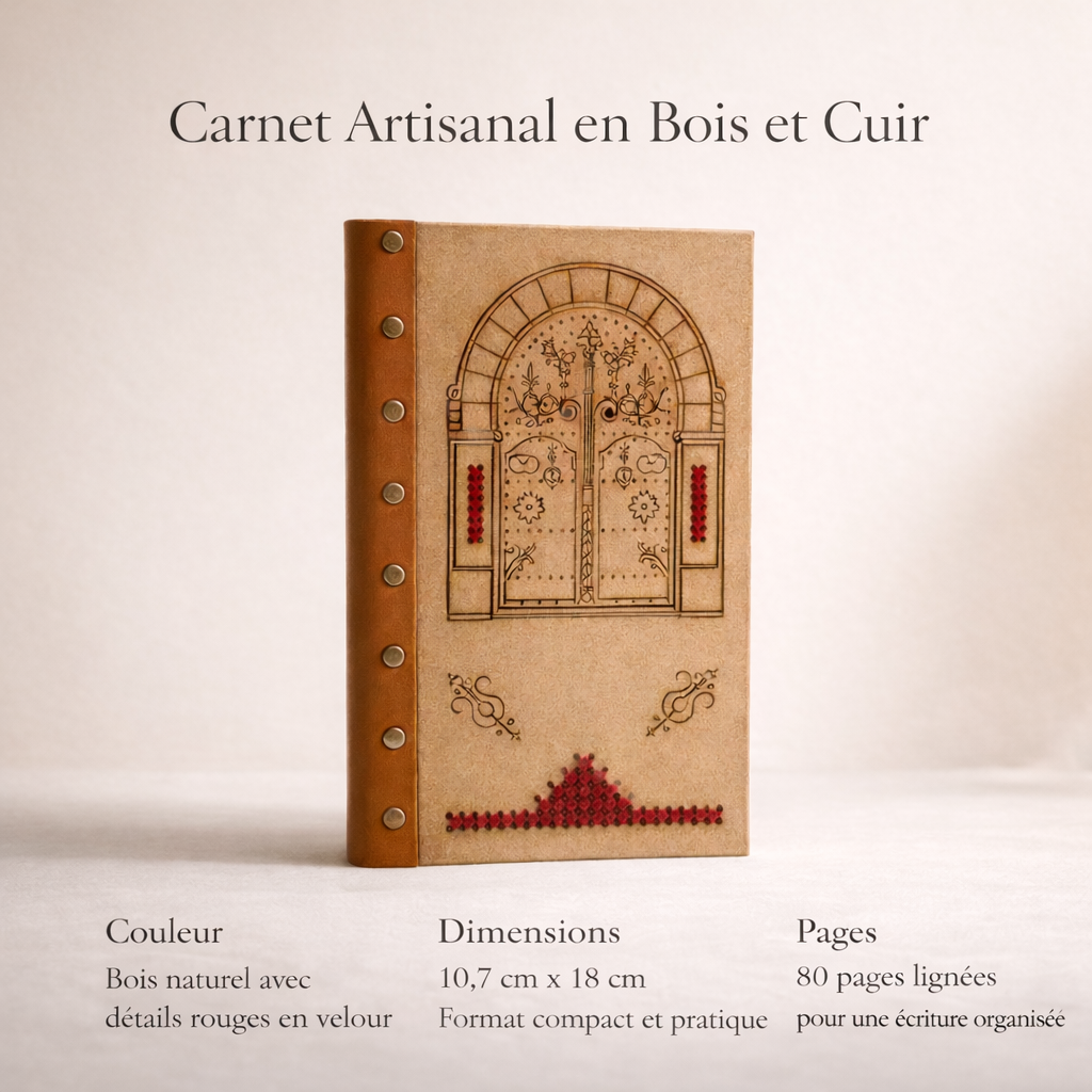Bloc note en bois et cuir avec design porte rouge