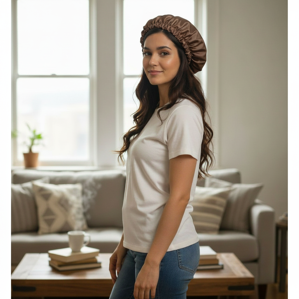 Bonnet Nuit Satin Luxe Marron - Confort et Protection Cheveux