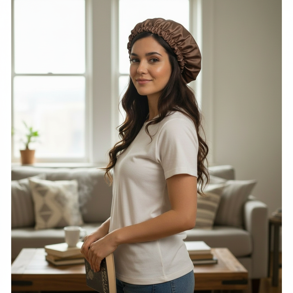 Bonnet Nuit Satin Luxe Marron - Confort et Protection Cheveux