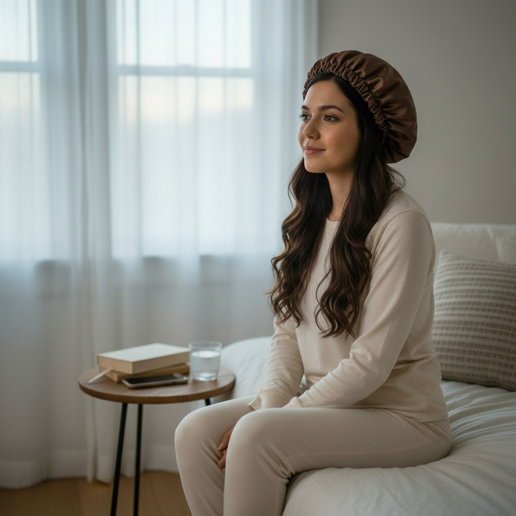 Bonnet Nuit Satin Luxe Marron - Confort et Protection Cheveux