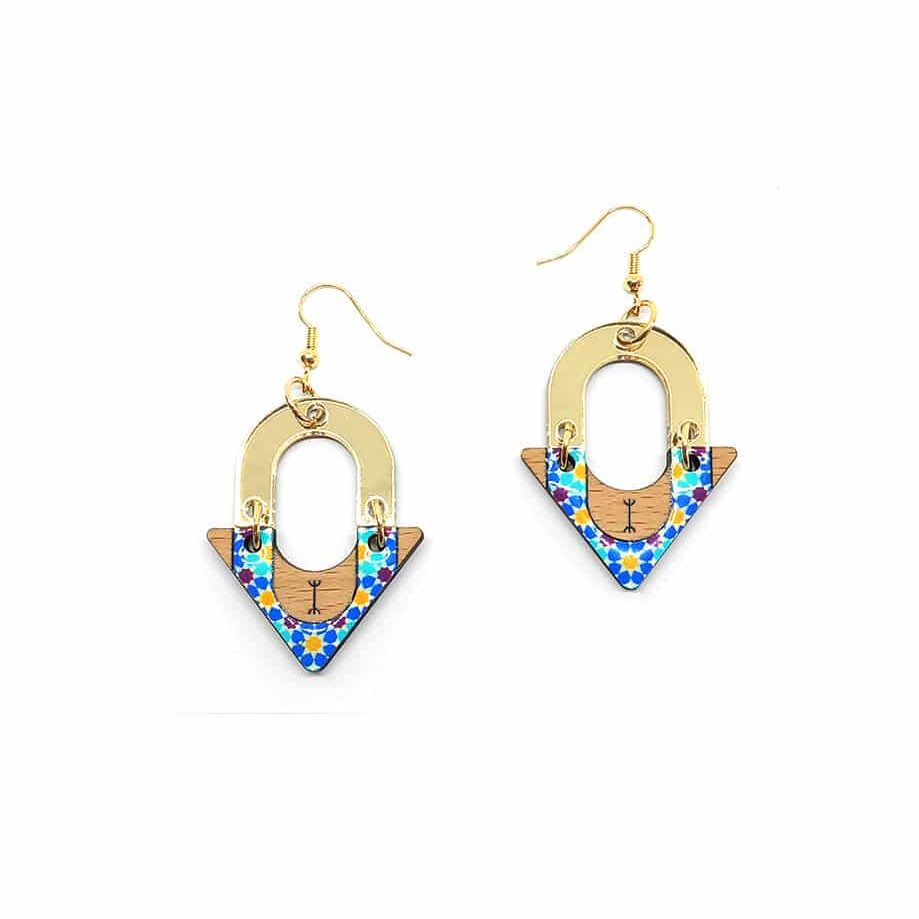 Boucles d'oreilles "Blu Ceramic" – Bois, Résine & Laiton Doré - artisanat Tunisien fait main | ILEYCOM