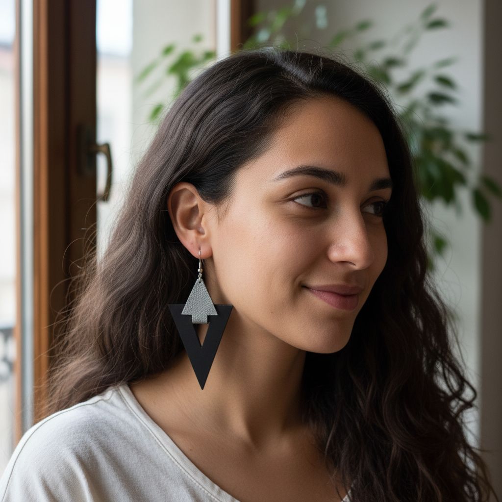 Boucles d'oreilles cuir noir et argenté flèche pièce unique
