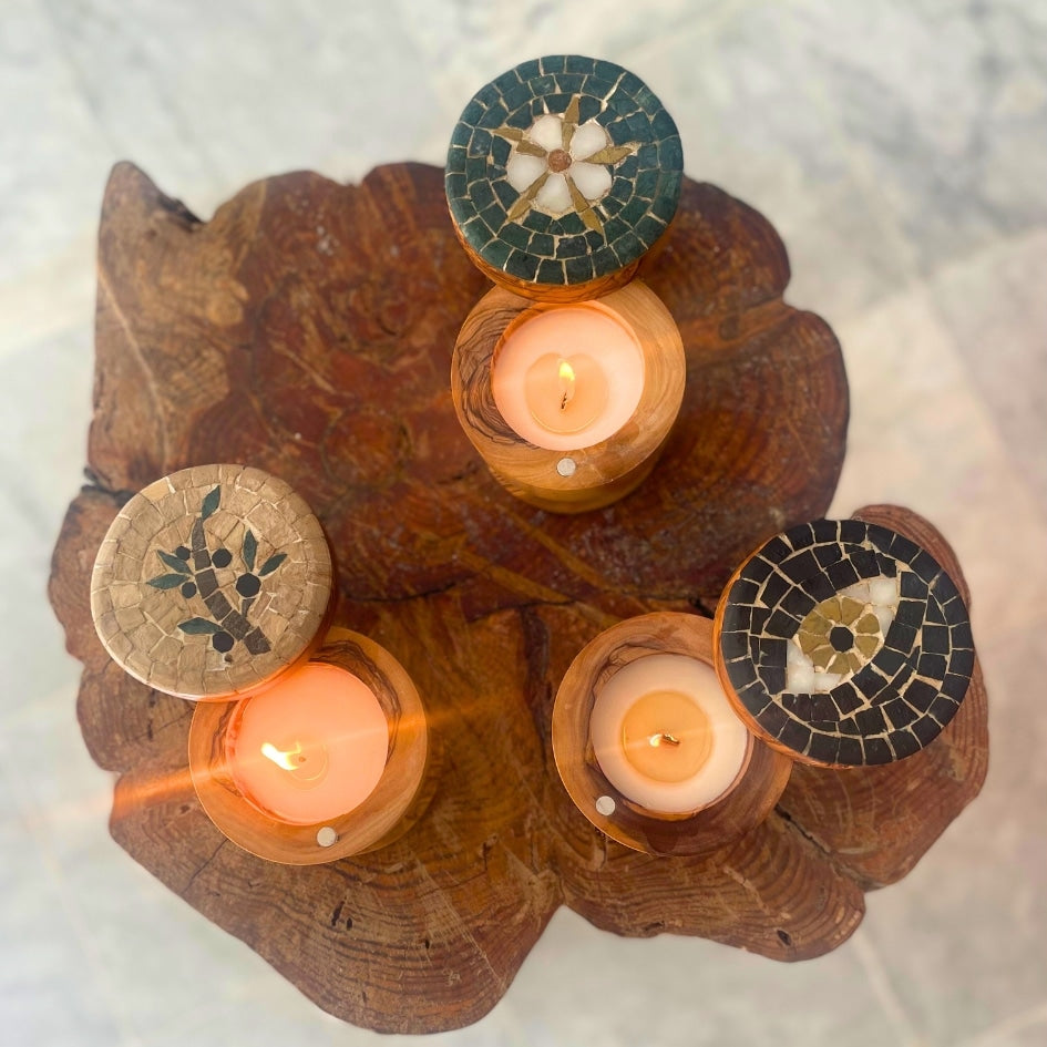 Bougie parfumée en bois d'olivier et en mosaïque - artisanat Tunisien fait main | ILEYCOM