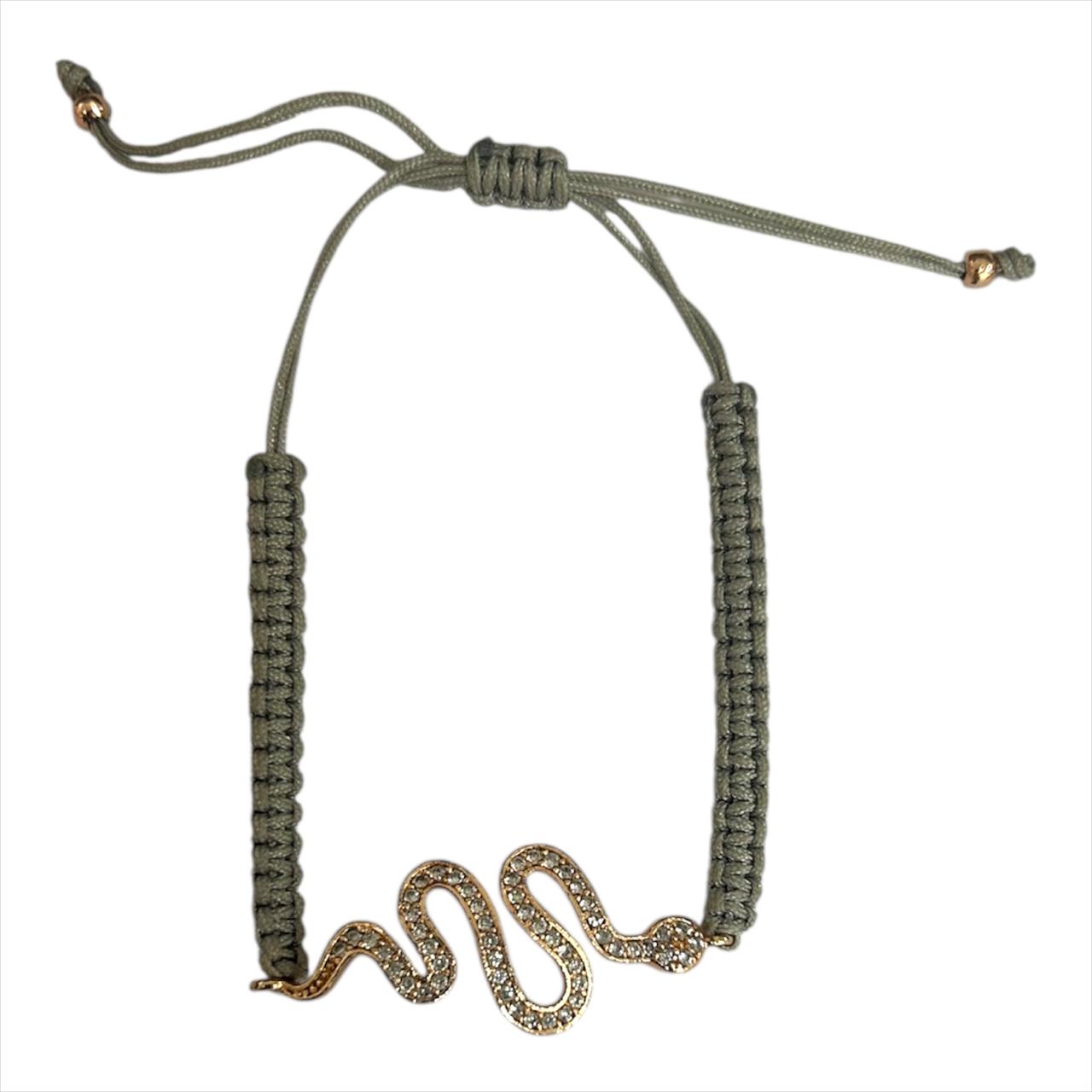 Bracelet en cordon gris avec serpent en strass - Elégance porte-bonheur