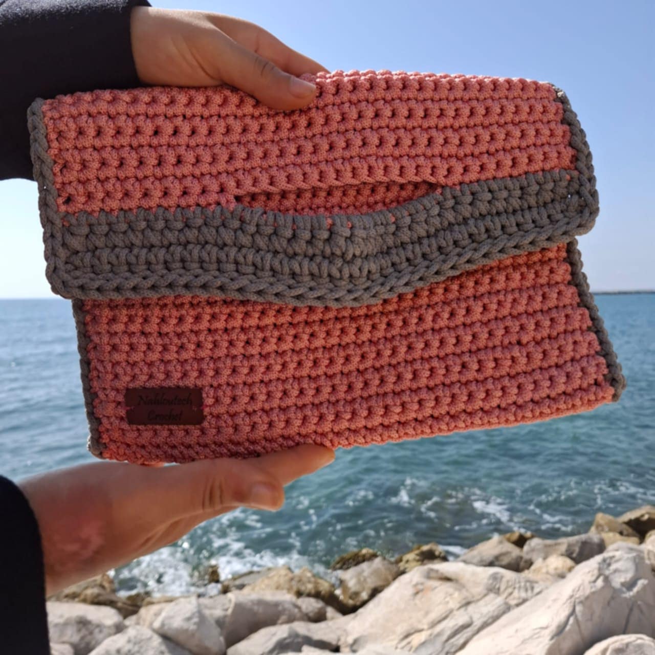 SAC au crochet rose avec touche gris fait à main très chic pour femme : fil macramé selsla
