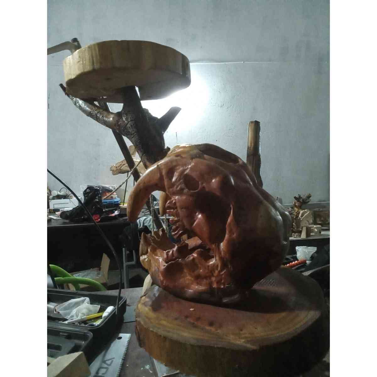 sculpture bois Crâne de Smilodon en bois noble unique premium