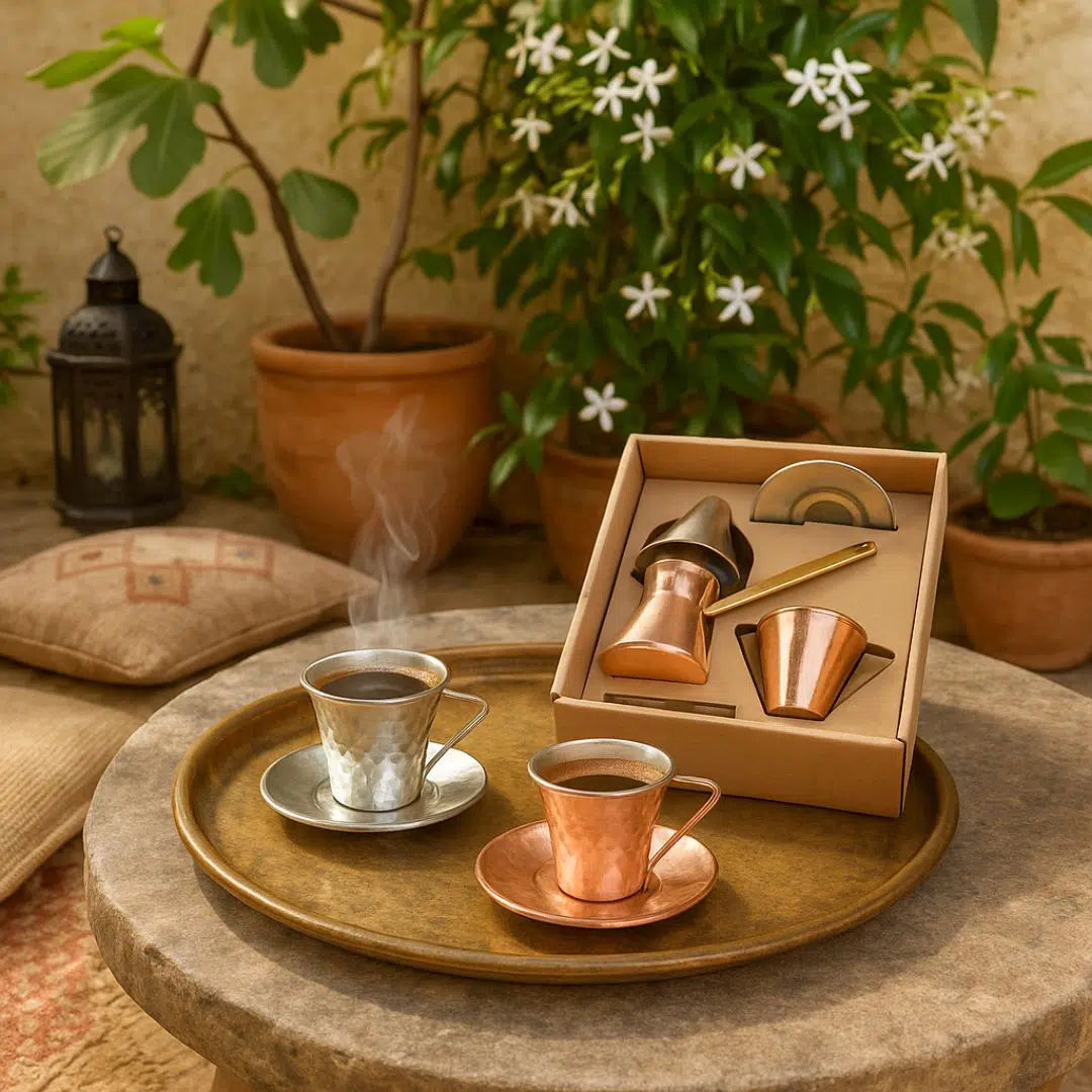 Coffret turc en cuivre martelé – Tasse + Sous-tasse + Zazoua (finitions argent/rosé)